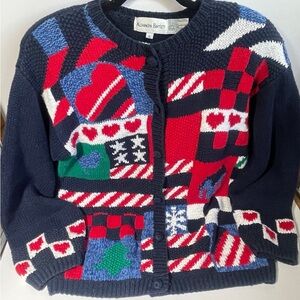 Vintage Alexandra Bartlett Blue country hearts stars Cardigan Sweater Small S